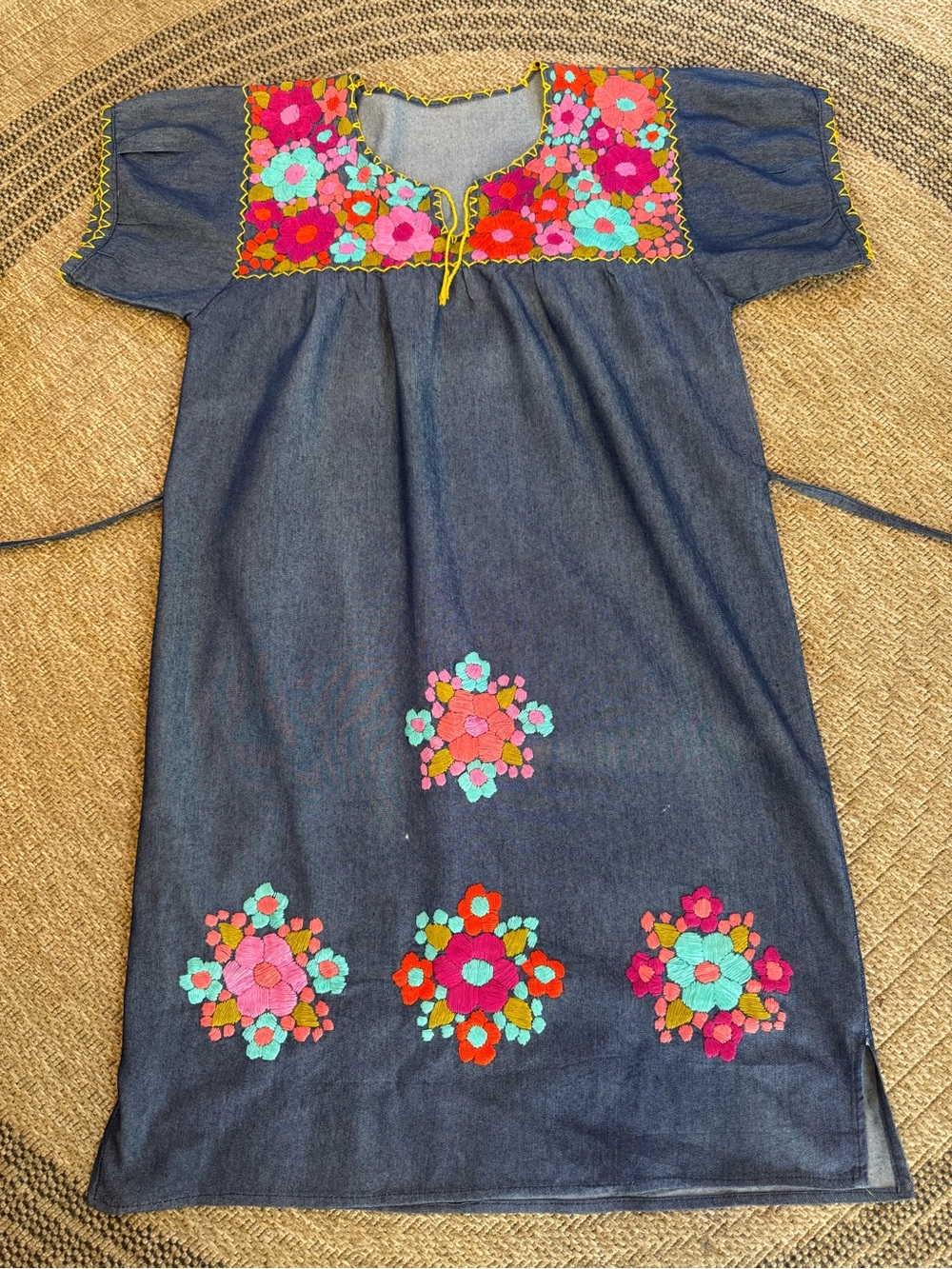 Mexican Puebla Oaxaca dress denim chambray  multi-color floral hand embroidery